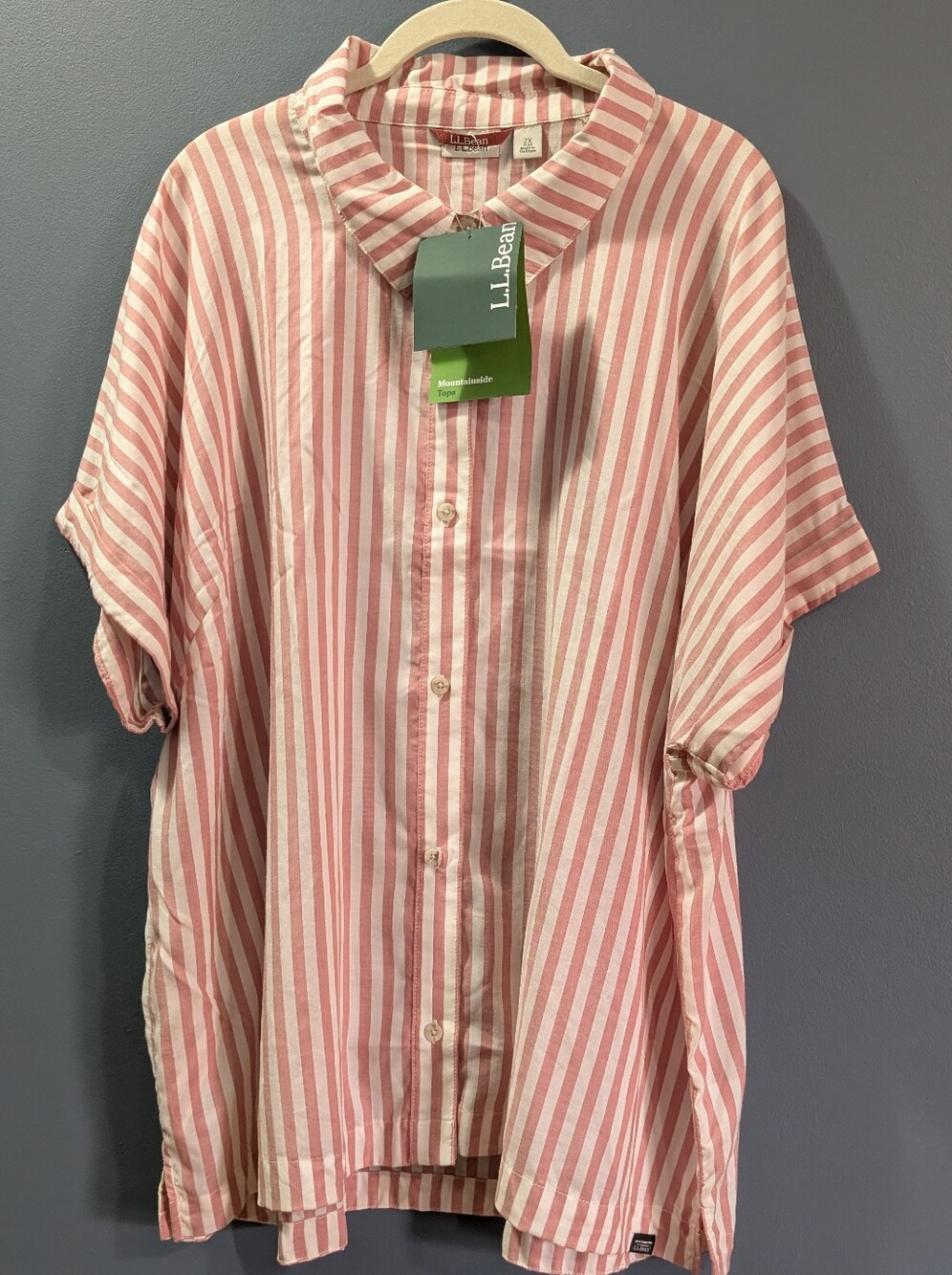 NEW L.L. Bean Women’s Pink and White Stripe Button-Up Short Sleeve Shirt 2x *